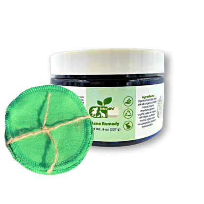 Natural pet acne remedy jar with reusable green cotton pads for treating pet acne and blackheads