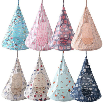 Colorful conical pet hammock for cats and small dogs, hanging design with playful prints, breathable linen fabric.
