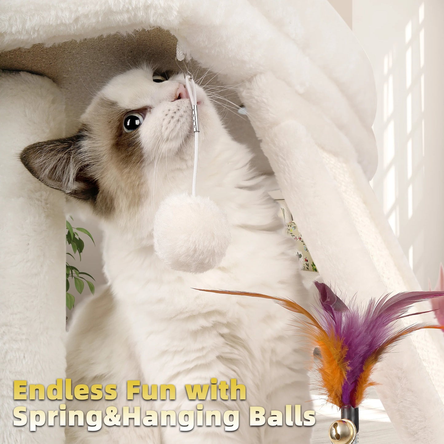 Cozy Beige Cat Tree with Condo, Scratch Post, Hammock & Fun Hanging Balls for Your Feline Friends