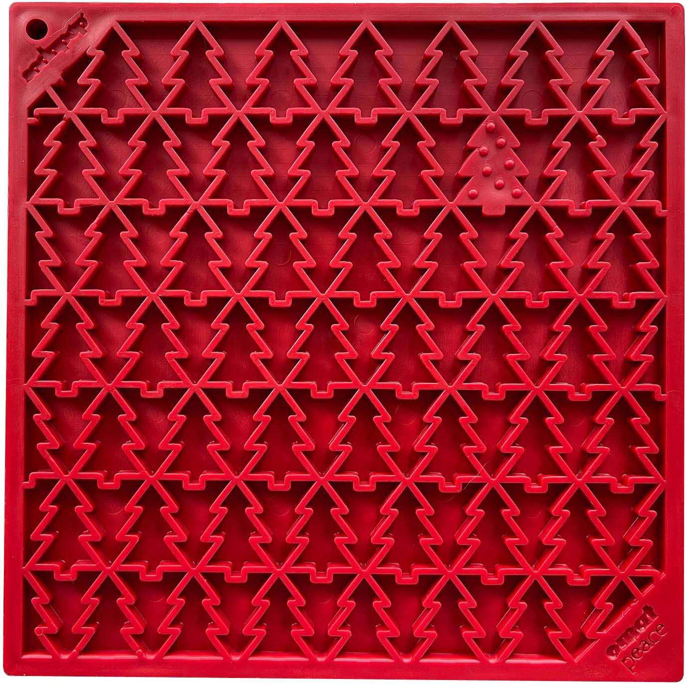 Red Peace Tree emat dog lick mat with textured Christmas tree design for anxiety relief and mental stimulation