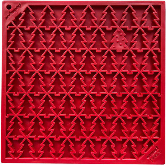 Red Peace Tree emat dog lick mat with textured Christmas tree design for anxiety relief and mental stimulation