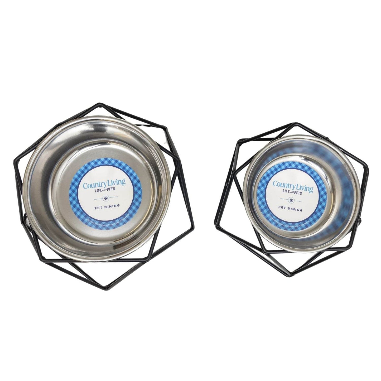 Country Living Elevated single dog bowl feeders with geometric metal base and removable stainless steel bowls in two sizes