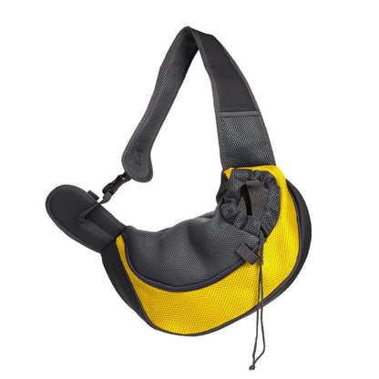 Breathable yellow and black mesh pet carrier handbag sling for small dogs and cats with adjustable shoulder strap