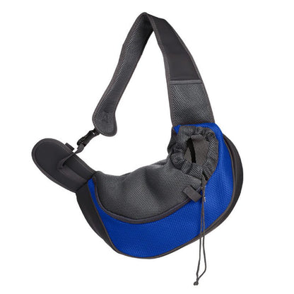 Breathable blue and gray mesh pet carrier handbag sling for small dogs and cats with adjustable padded shoulder strap and drawstring closure