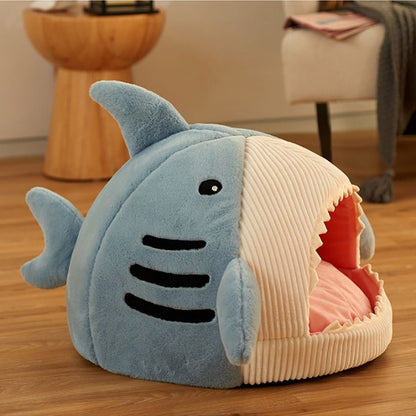 Big Mouth Shark Pet Nest in blue fabric with semi-closed design and cushion inside for cats and dogs