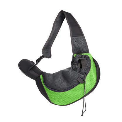 Breathable green and black mesh pet carrier handbag sling for small dogs and cats with adjustable shoulder strap
