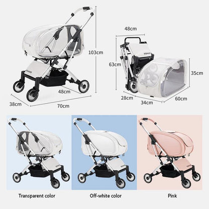 Lightweight foldable four-wheeled cart for small to medium pet dogs and cats in transparent white and pink colors