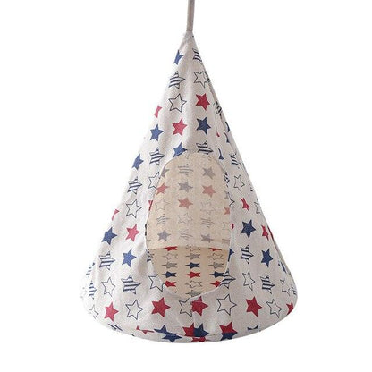 Conical hanging pet hammock with star print, breathable linen fabric for cats and small dogs, portable and foldable design