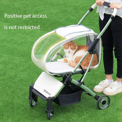 Lightweight foldable four-wheeled cart for small to medium pet dogs and cats in transparent white and pink colors