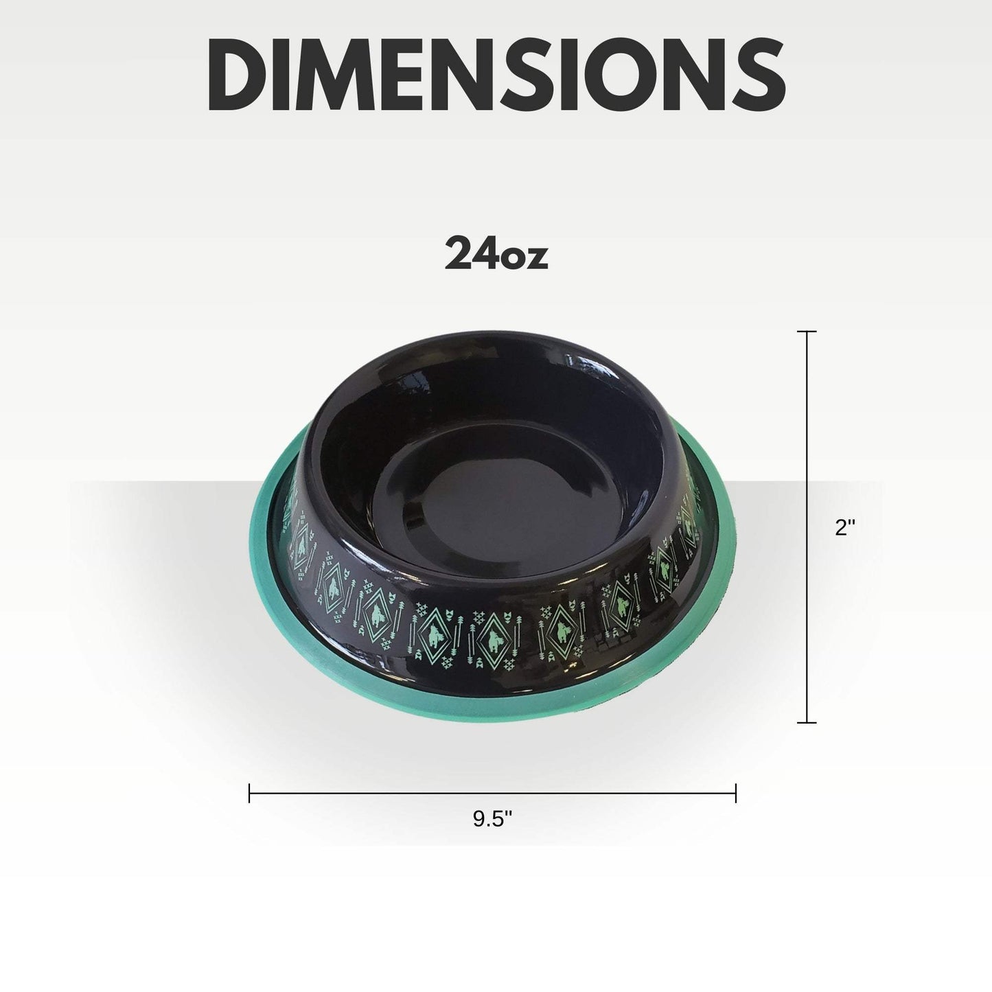 non-skid boho stainless steel dog bowl with silicone base and decorative black and mint green design, 24oz capacity