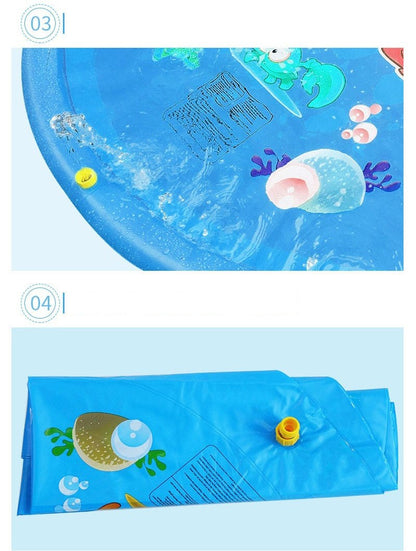 Blue inflatable pet sprinkler pad with water spray holes and colorful ocean-themed design for dog summer cooling and outdoor play.