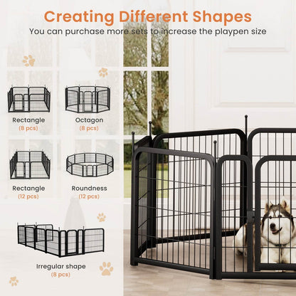 Black 8-panel portable dog fence for small pets, 24-inch indoor/outdoor pet playpen, customizable shapes with iron panels and safety door lock.
