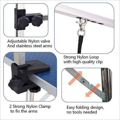 Large 46-inch blue pet grooming table with adjustable arm, stainless steel legs, and skid-resistant rubber surface for dogs and cats