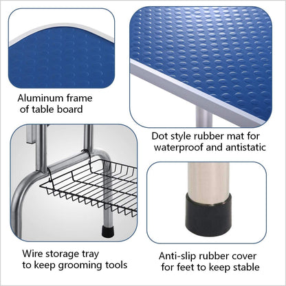 Large 46-inch blue pet grooming table with adjustable arm, stainless steel legs, and skid-resistant rubber surface for dogs and cats