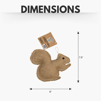 Rustic Jute Squirrel dog chew toy made from natural jute, measuring 7.5 by 6 inches, safe and gentle for small to medium dogs
