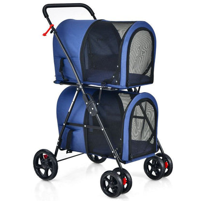 4-in-1 double pet stroller with detachable carriers, foldable frame, and ventilated mesh windows for two pets