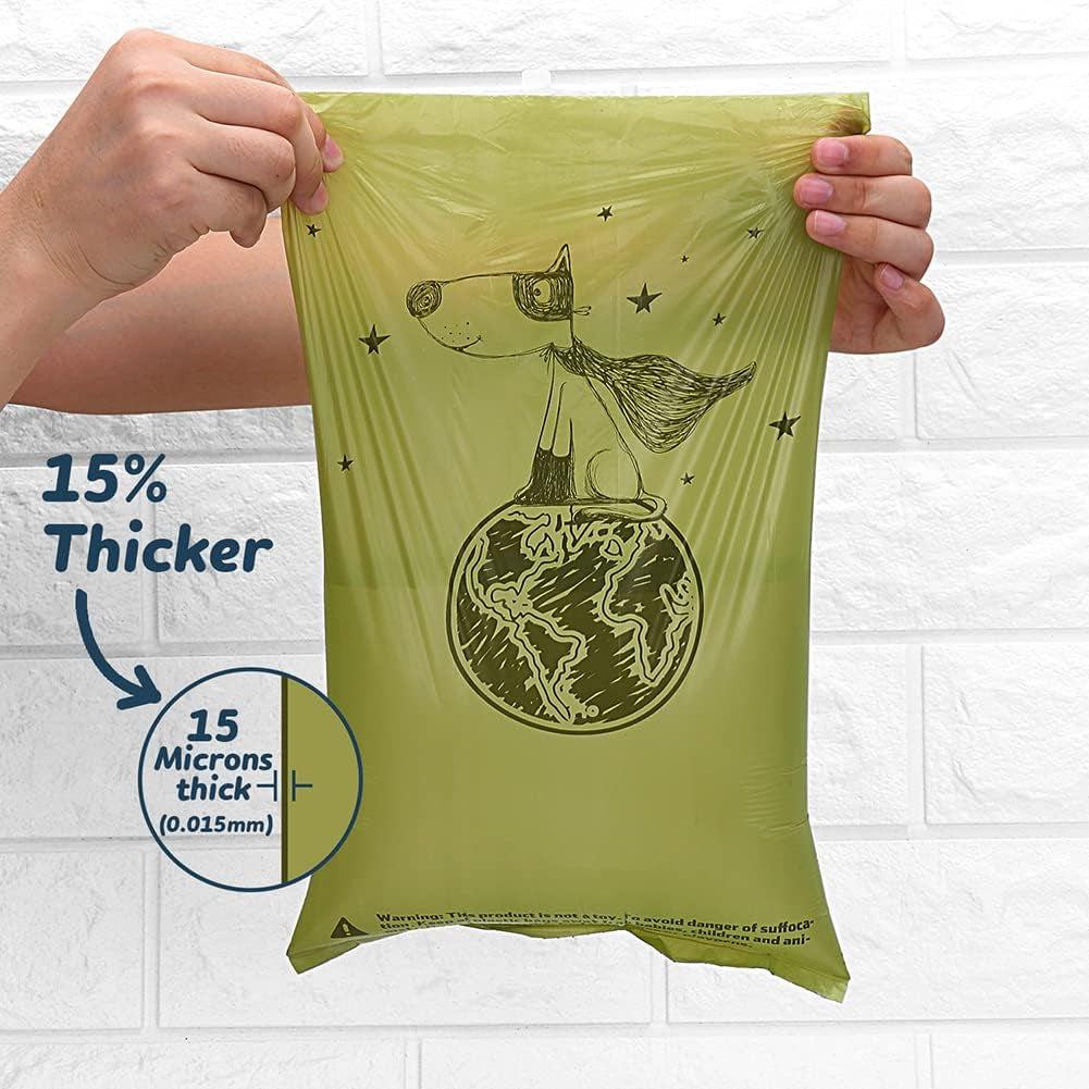 Eco-friendly biodegradable dog poop bags with extra thick, leak-proof design, scented and unscented options, and convenient dispenser.