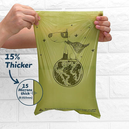 Eco-friendly biodegradable dog poop bags with extra thick, leak-proof design, scented and unscented options, and convenient dispenser.