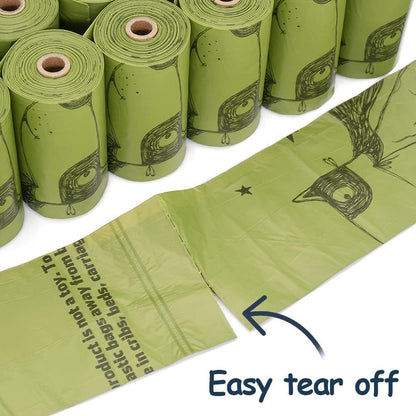 Eco-friendly biodegradable dog poop bags in green rolls with owl print, extra thick, leak-proof, easy tear-off design