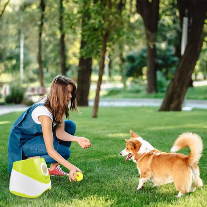 Rechargeable automatic tennis ball launcher with three 5cm balls for pet interactive play and adjustable launch distances.