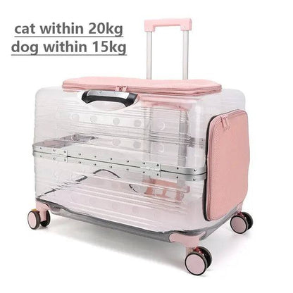 Transparent rolling pet travel trolley with wheels for puppies and cats in pink and green colors