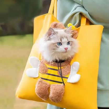 Cute yellow canvas outdoor bag with bee-shaped cat design and plush accents for small pets