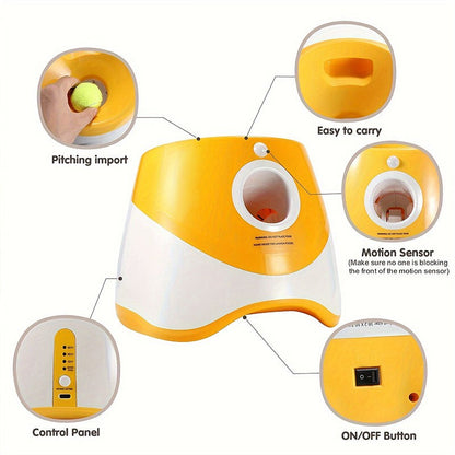 Rechargeable automatic tennis ball launcher with three 5cm balls for pet interactive play and adjustable launch distances.