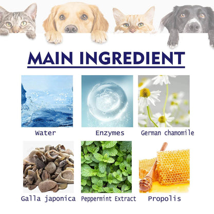 Main ingredients of pet mouth cleaning cream with water, enzymes, German chamomile, galla japonica, peppermint extract, and propolis for cats and dogs