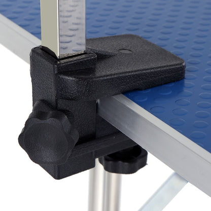 Large 46-inch blue pet grooming table with adjustable arm, stainless steel legs, and skid-resistant rubber surface for dogs and cats