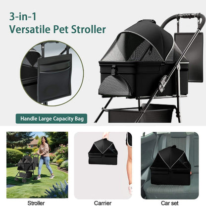Black folding dog cart with 3-in-1 pet stroller, carrier, and car seat, featuring waterproof pad and sun visor