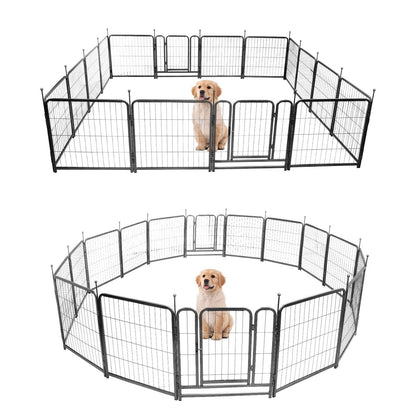 16 panels dog playpen made of steel with two doors, black outdoor pet fence for yard and camping