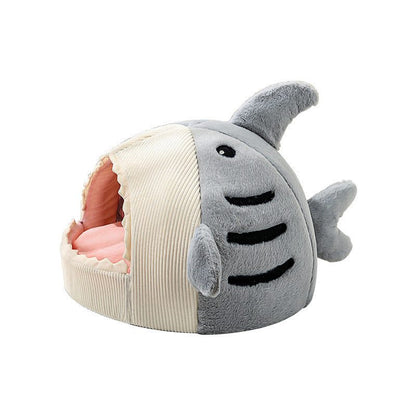 Big Mouth Shark Pet Nest semi-closed cat and dog bed in grey with soft fabric and cushioned interior