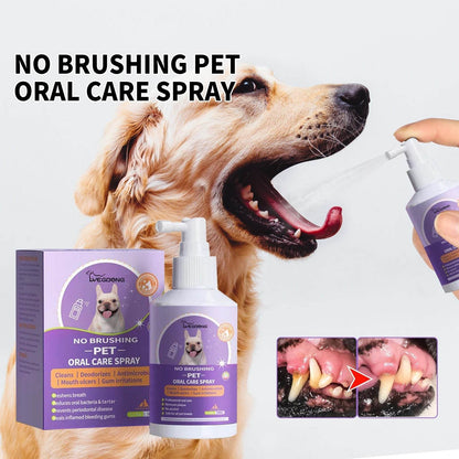 Dog and cat tooth cleaning spray for pet oral care and breath freshening with natural extracts