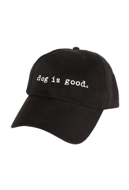 Dog is Good Signature Black Hat in black cotton with adjustable strap and embroidered text