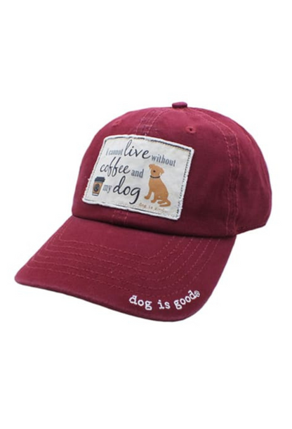 Red-maroon Coffee and My Dog Hat with coffee cup and dog patch, brushed cotton, unstructured crown, adjustable strap