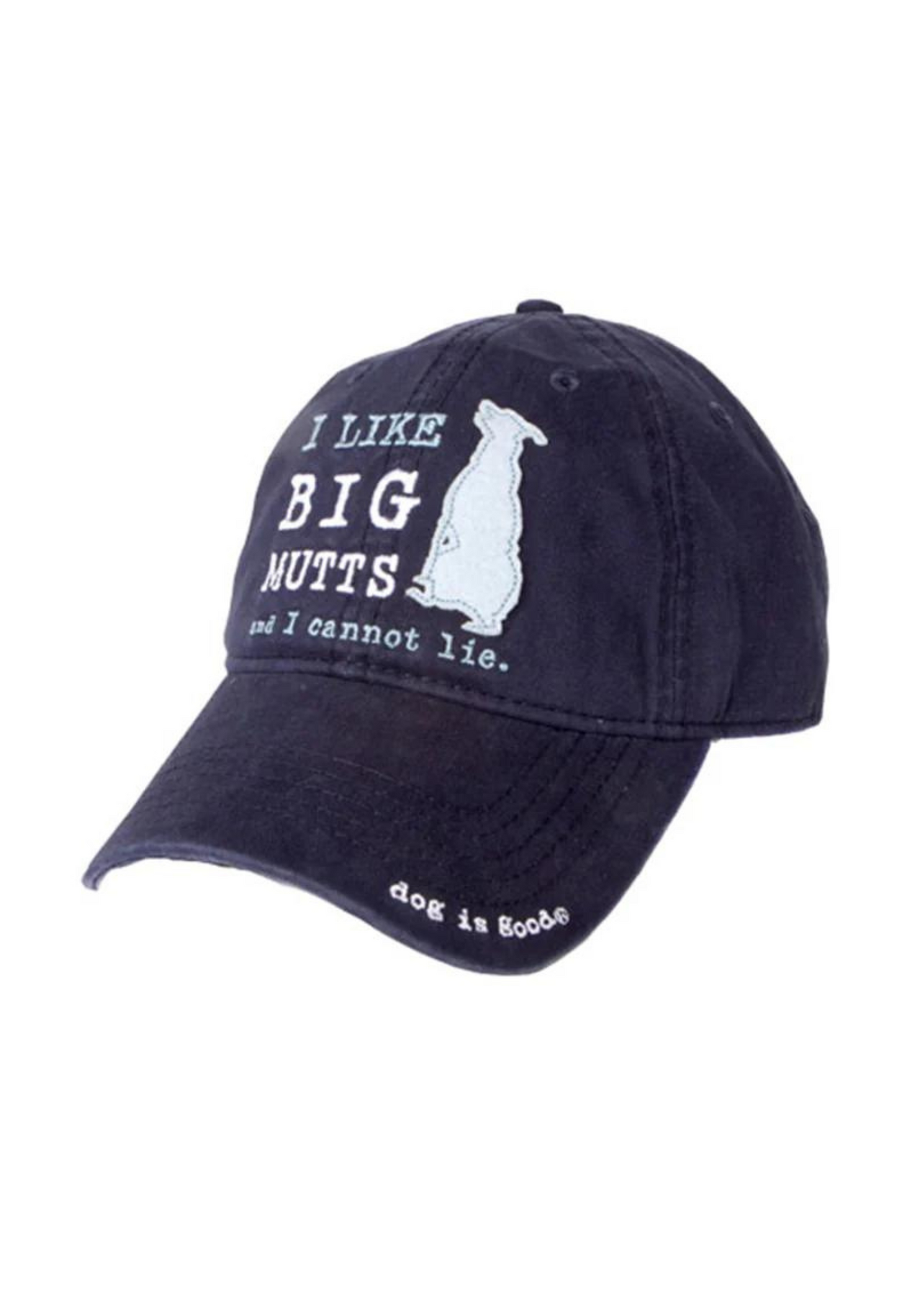 Black cotton cap with "I Like Big Mutts and I Cannot Lie" text and dog silhouette embroidery