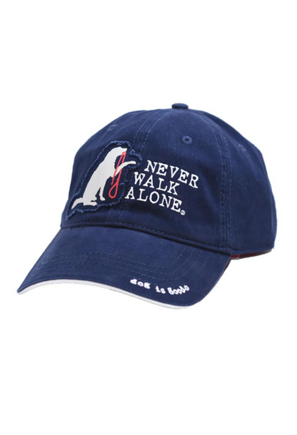 Navy Never Walk Alone Hat with dog design and embroidered text, adjustable velcro strap, brushed-twill fabric.