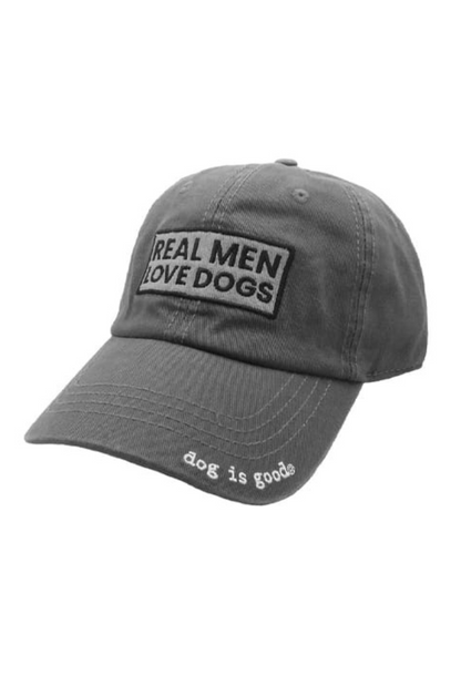 Gray Real Men Love Dogs hat with embroidered text and curved brim