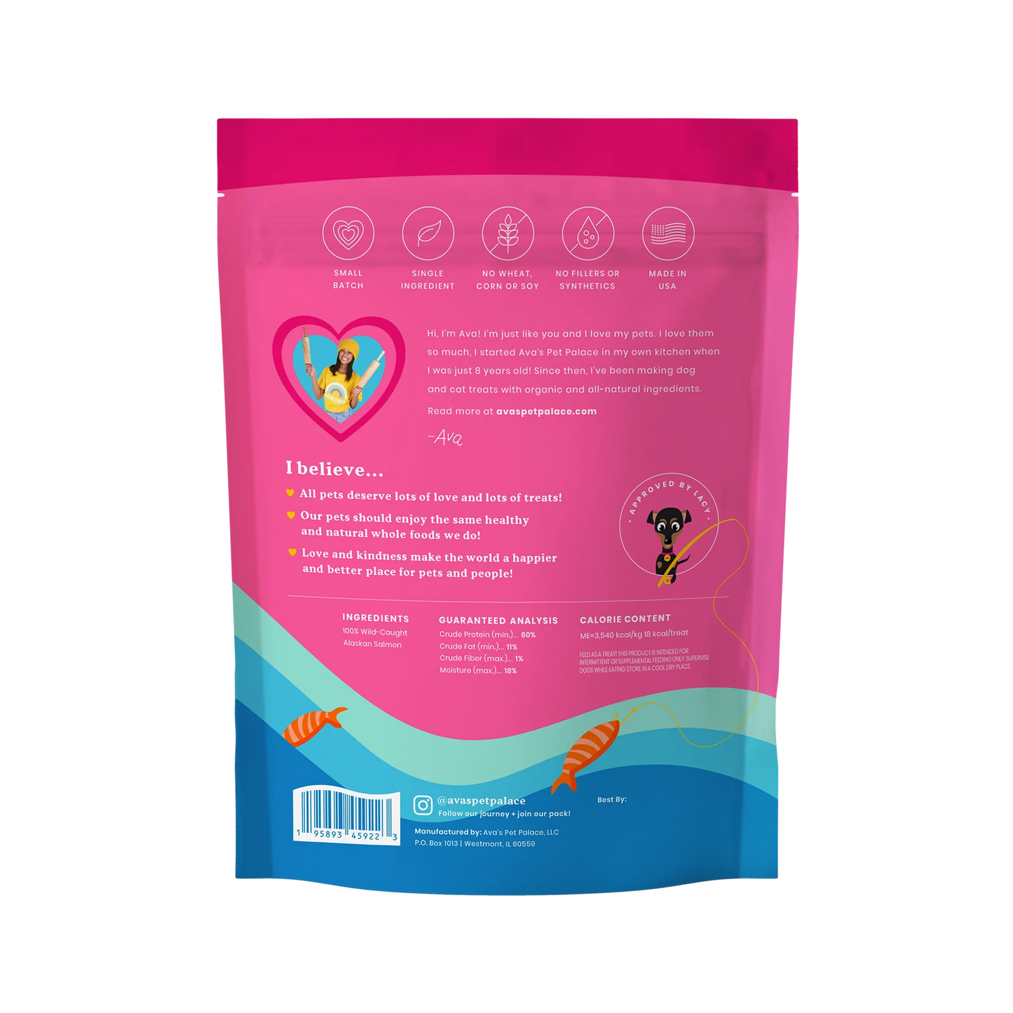 Ava's Pet Palace Snappin' Salmon Crunchy Jerky Dog Treats 4oz wild-caught Sockeye salmon high-protein gluten-free