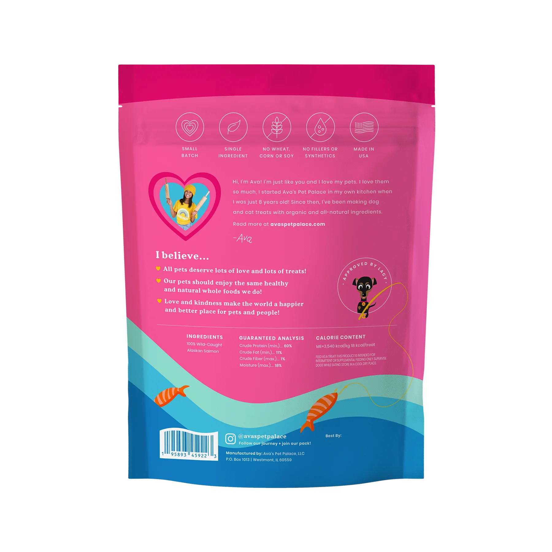 Ava's Pet Palace Snappin' Salmon Crunchy Jerky Dog Treats 4oz wild-caught Sockeye salmon high-protein gluten-free