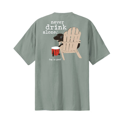 Never Drink Alone grey t-shirt with dog and chair graphic, unisex comfy cotton-poly blend tee