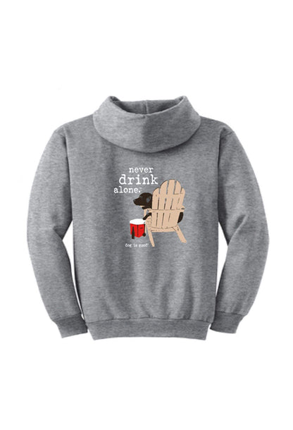 Gray with Never Drink Alone Hoodie text and dog sitting on chair design, unisex, soft cotton blend