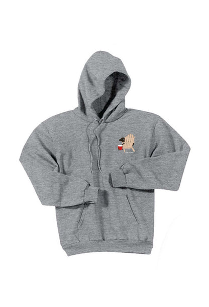 Grey featuring Never Drink Alone Hoodie dog lover graphic, 50/50 cotton-poly blend, unisex fit, soft interior.