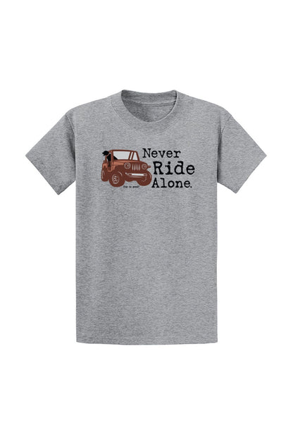Never ride alone t-shirt with bold lettering, casual outdoor apparel for pet lovers and adventure enthusiasts