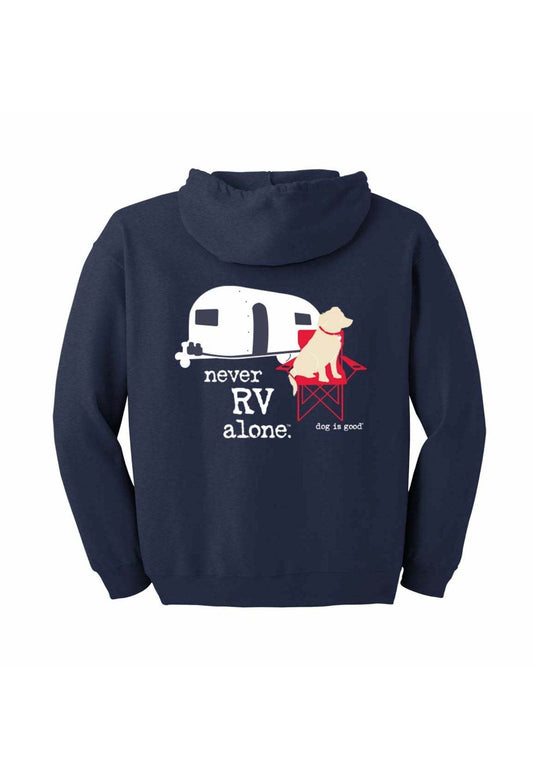 Zip Hoodie: Never RV Alone | Heavyweight and Super Soft Navy Hoodie