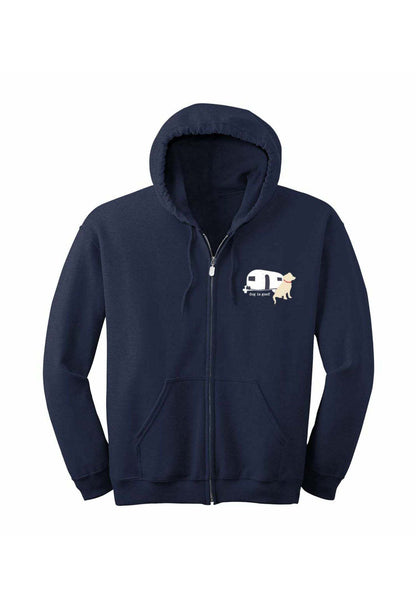 Navy zip hoodie with RV and dog design, super soft heavyweight unisex zip-up sweatshirt