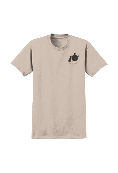 Tan Conversation Not Required T-shirt with whiskey and dog design, casual wear