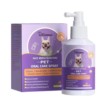 Dog and cat tooth cleaning spray for pet oral care with natural extracts to eliminate bad breath and reduce plaque