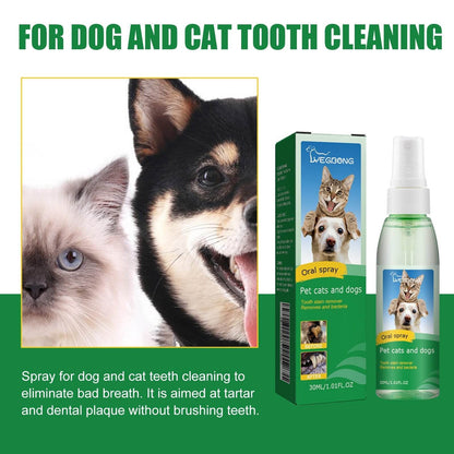 pet tooth deodorizer spray for cats and dogs with oral spray bottle and packaging next to cat and dog images