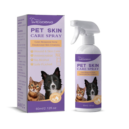 Pet Skin Relief Spray for dogs and cats with antimicrobial care, wound healing, and deodorizing properties in 60ml bottle and packaging